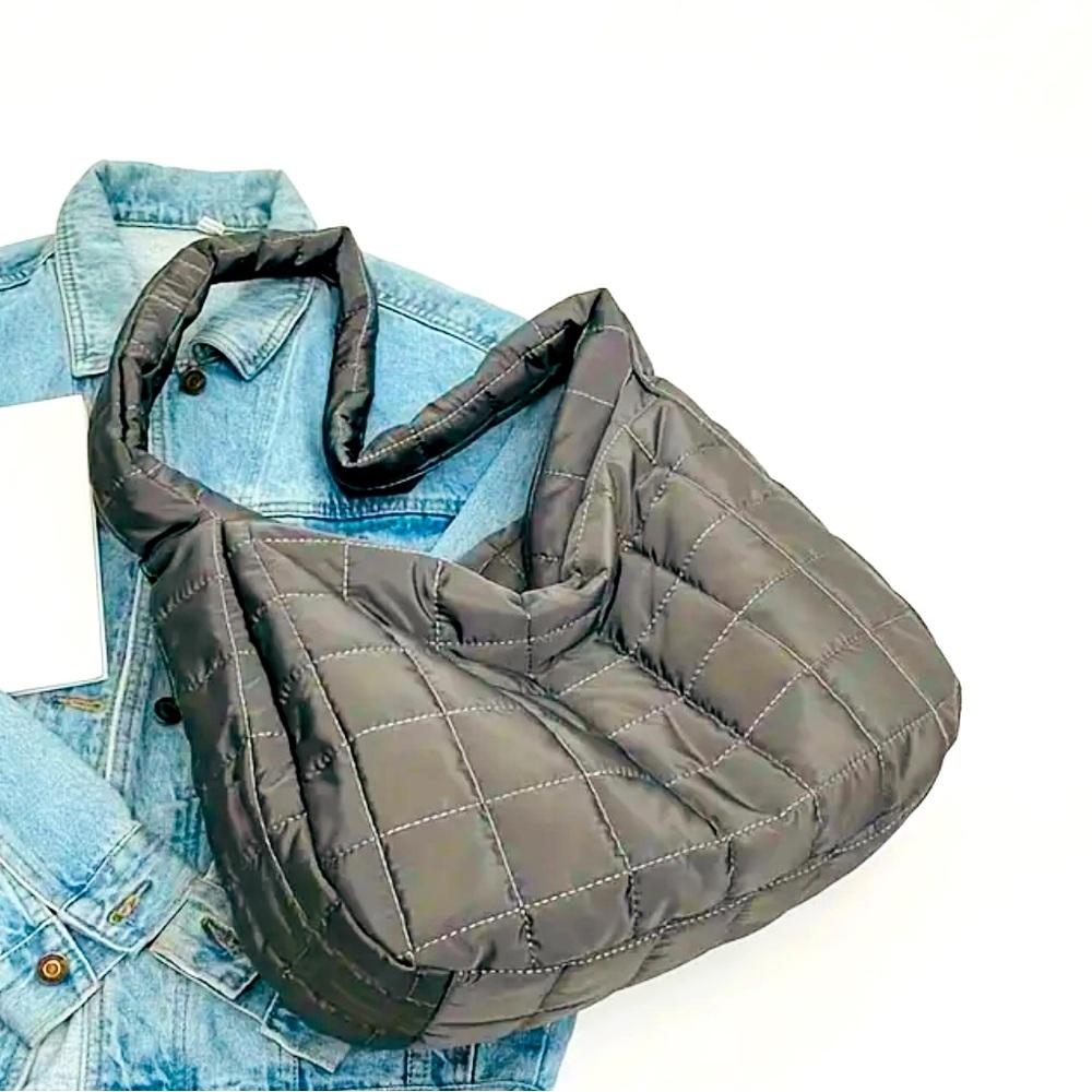 New - Retro -Large Capacity Quilted Puffer Tote
Bag - Gray